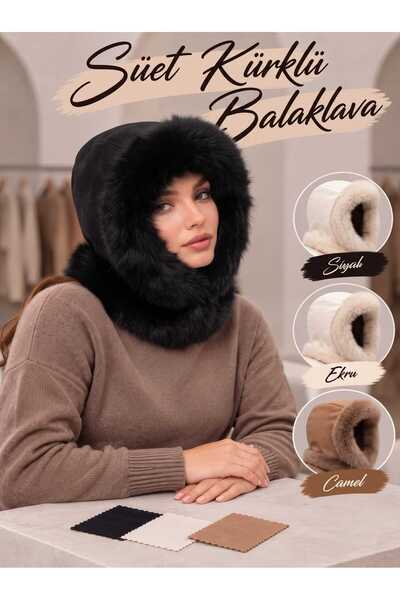 Betülce Women's Suede-Fur-Trimmed Balaclava Hat with Hooded Neck Warmer and Winter Snow Mask