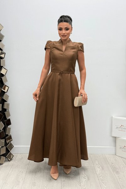 giyimmasalı Taffeta Half-Moon Shoulder Midi Length Dress - BROWN