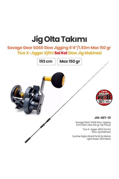Savage Gear SGS6 Slow Jigging 1.93m Max 150 gr Tek Parça Kamış + Tica X-Jigger XJ5HL Sol Kol Slow Jig Makinesi + Jig Olta Takımı Set 31