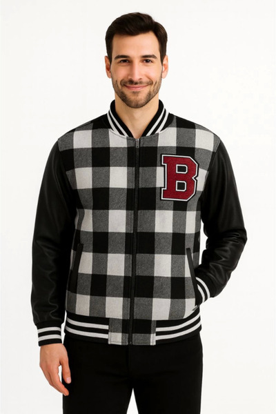 MYSSHOES Lumberjack College Jacket with Faux Leather Sleeves and Lining - Gray