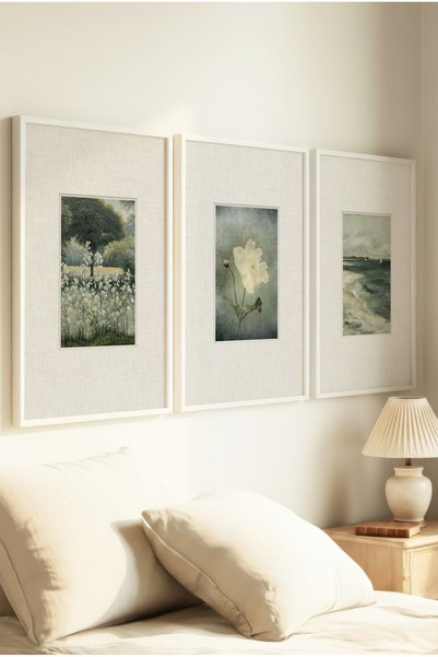 Zevahir Home 3 VINTAGE PAINTINGS WITH NATURE AND FLOWER THEMES IN WHITE WOODE...