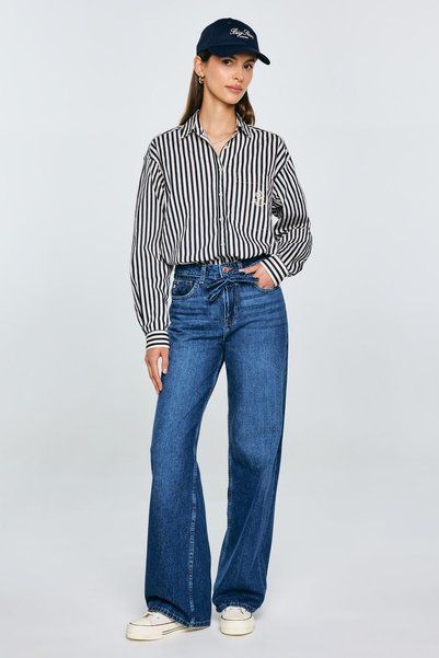 Big Star Cămașă damă oversize cu dungi bleumarin-crem Tina 403 XL