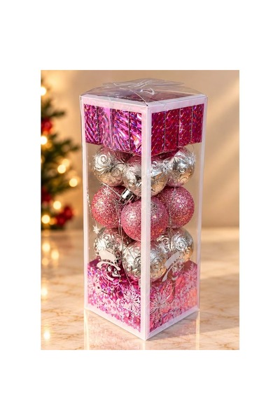 myhomehediyelik Set of 20 Pink and Silver Patterned Christmas Tree Ornaments