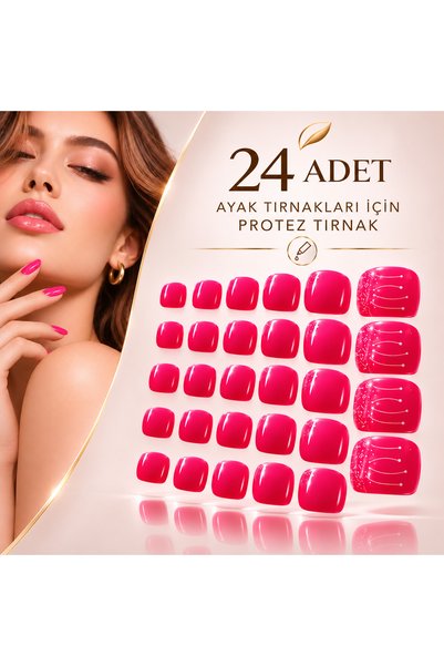 24 Adet Fuşya Renk Ayak Takma Tırnak (Yapıştırıcılı)