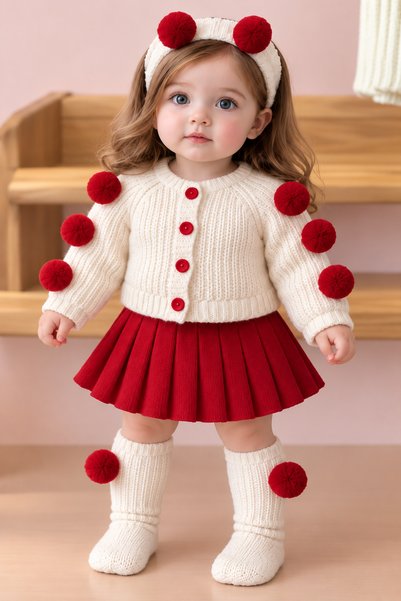 KOKOŞ BEBEK Girls' Baby Knit Cardigan with Pom-Poms, Pleated Skirt, Bandana, ...