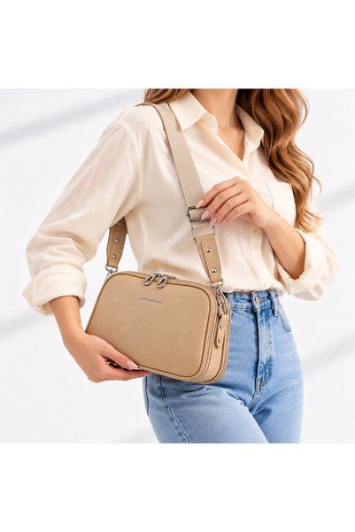 Just Polo Women's Beige 5-Compartment Adjustable Strap Shoulder Bag - BD10120