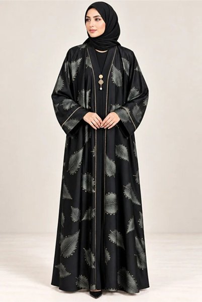 Jannat Modern Abaya for Women with Elegant Leaf Print – Black