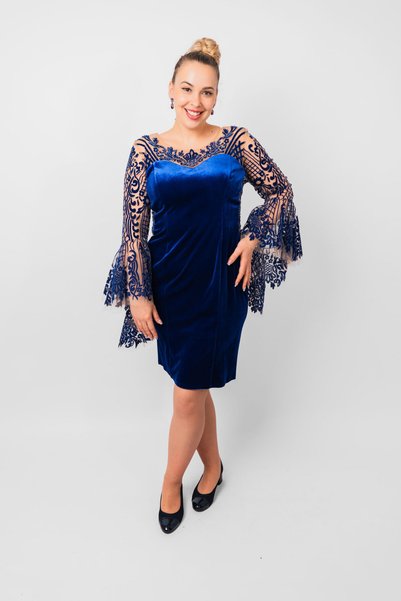 OEM Rochie elegantă din catifea albastră cu broderie