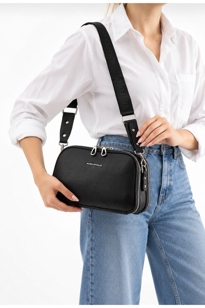 Just Polo Women's Black 5-Compartment Adjustable Strap Shoulder Bag - BD10120
