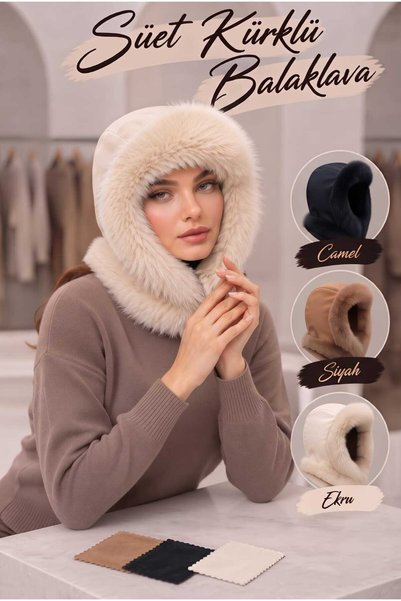 Betülce Women's Suede-Fur-Trimmed Balaclava Hat with Hooded Neck Warmer and Winter Snow Mask
