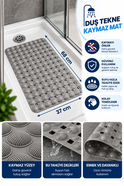 Doori Kaymaz Duş Teknesi Matı 37x68 cm – Vantuzlu, Su Tahliye Delikli, Esnek Banyo ve Küvet Kaydırmaz Paspası – Gri