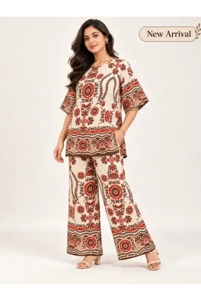 Generic Brand Women's Elegant Floral Printed 2-Piece Cord Set