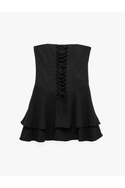 Koton X Sibil Çetinkaya - Bağcıklı Straplez Korse Mini Elbise Fırfırlı Slim F...