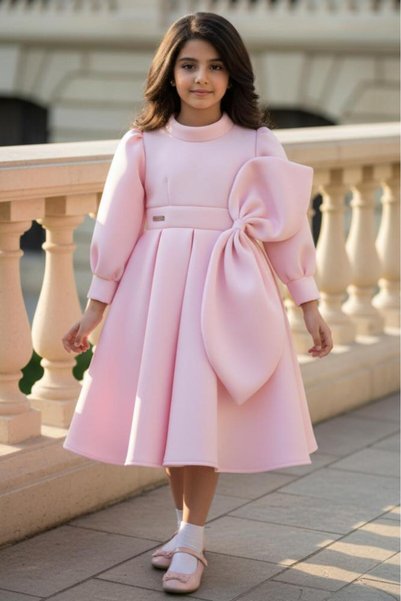 Alesaei-mondo tondo Girls' pink dress with bow and puff sleeves S01211