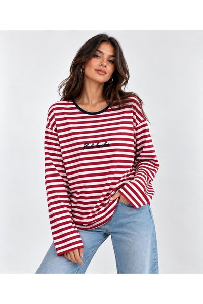 TENA Women's Red Crew Neck Sweatshirt with Print and Stripes