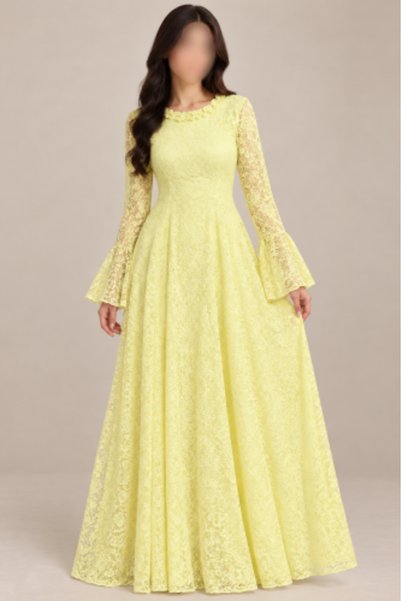 Azouq Lemon Yellow Lace Evening Dress with Long Wide Sleeves |
