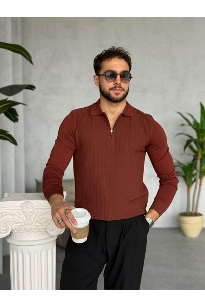 FO4RBS Patterned Half-Zip Polo Shirt with V-Neck, Brown