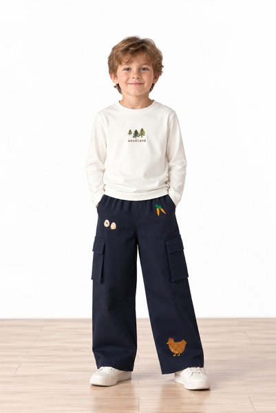 Miela Kids Tiny Stories Gabardine Cargo Pants with Wide-Leg Fit - Midnight Blue