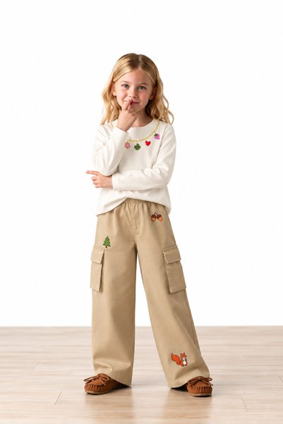 Miela Kids Tiny Stories Gabardine Cargo Pants with Wide-Leg Fit - Beige