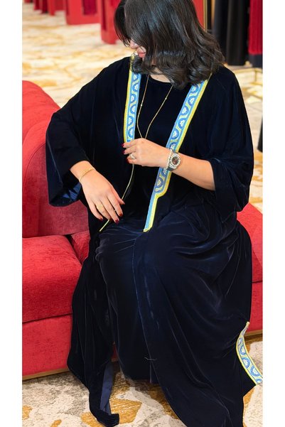 Other Dark Blue Embroidered Velvet Abaya + Dress