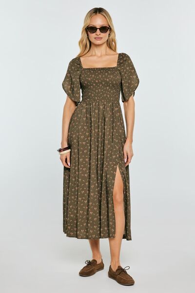 Big Star Rochie midi de damă din viscoză cu imprimeu floral kaki Bler 303 XXL