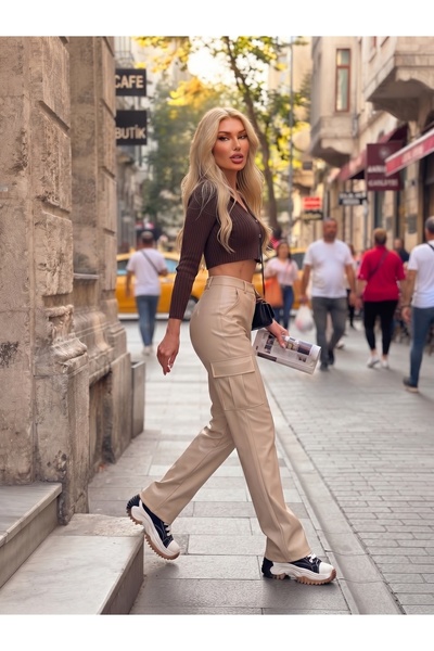 winmoda Suni Deri Baggy Pantolon Yan Kargo Cepli /Bol Paça Pantolon