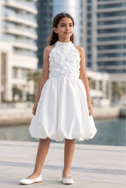 Alesaei-mondo tondo Girls' white mikado evening dress with rose embroidery S0...