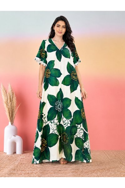 Generic Brand Women's White Green Big Floral Patterned V-Neck Lace Detail Loo...