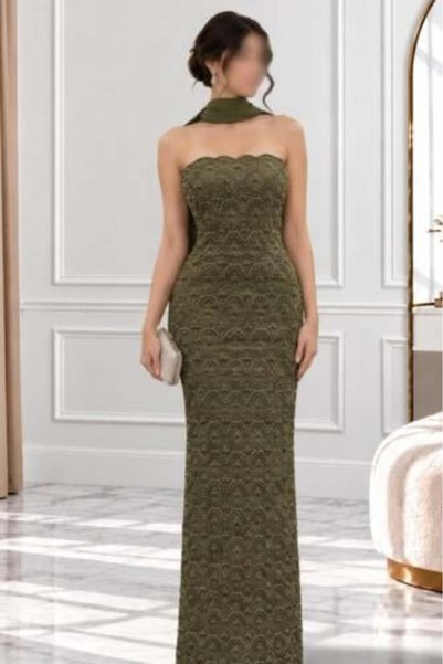 zelia Olive fully embroidered sleeveless evening dress with neck shawl ||
