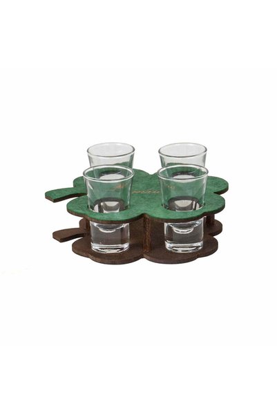 FOXMAG24 Set of 4 50ml shot glasses with clover-shaped wooden stand, transpar...