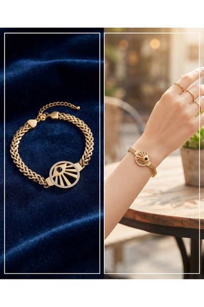 HOŞGÖR ACCESSORIES Eye and Sun Detailed Steel Chain Bracelet