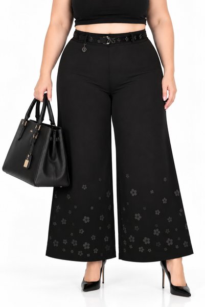 ZANESSİ FASHION Plus Size Black High-Waisted Palazzo Pants with Floral and St...