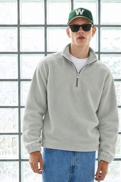 DAMGA JEANS Ανδρικό Χειμερινό Γκρι Φλις με Μαλακή Υφή και Μισό Φερμουάρ