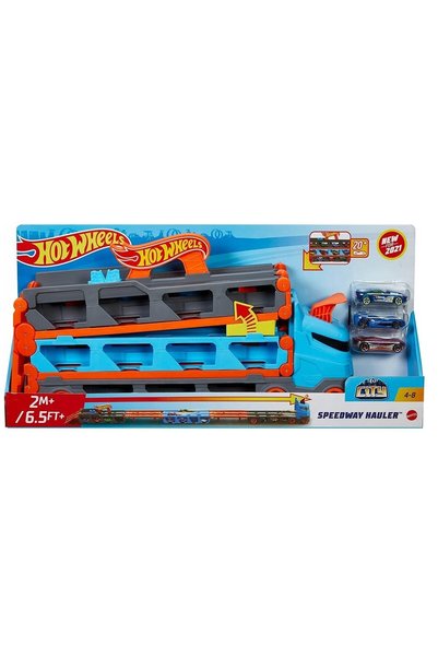 HOT WHEELS Camion transportor 2-în-1 cu șenile și 3 mașini, albastru, 45x23x9cm