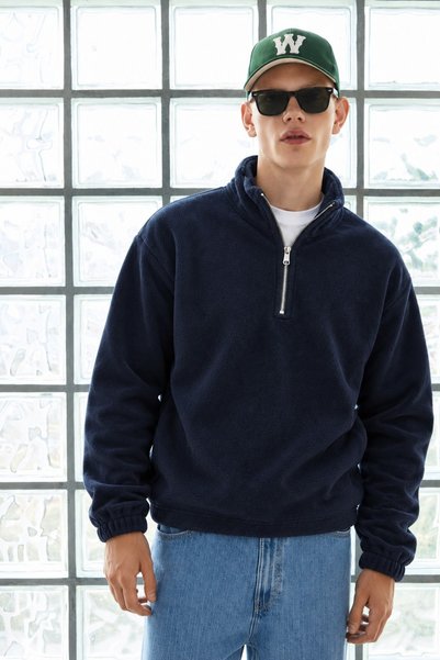 DAMGA JEANS Ανδρικό χειμερινό φλις με μαλακή υφή, μισό φερμουάρ, ναυτικό μπλε