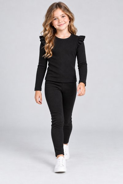 özge başaran Girls' Black Ruffled Shoulder Long-Sleeve Bodysuit and Leggings ...
