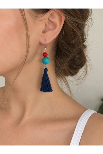 LeylanTakı Women's Red-Blue Natural Turquoise Stone Tassel Drop Earrings, Tre...