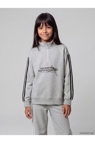 LC Waikiki Lcw Kids Grey Stand Collar Girl's Thick Sweatshirt with Nevavm Dif...