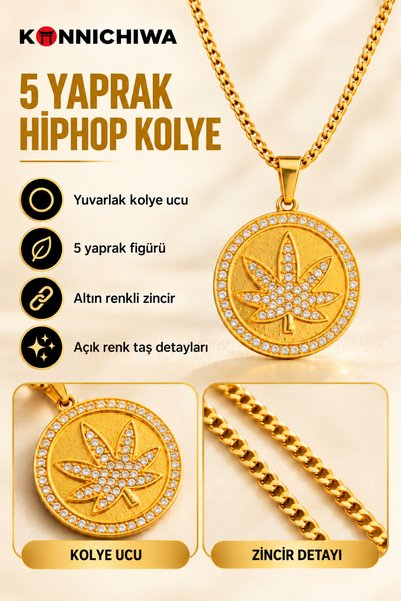 FG KONNİCHİWA قلادة هيب هوب بتصميم 5 أوراق، لون ذهبي، مزينة بأحجار كريمة. 🔥 ...