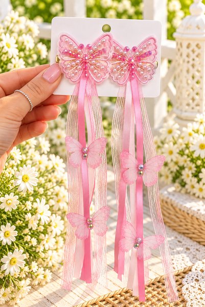 Generic Brand Set of 2 Butterfly-Shaped Hair Clips with Dangling Charms – Pea...