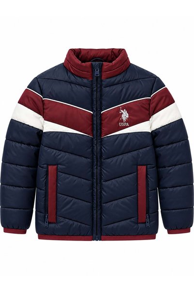 U.S. Polo Assn. معطف شتوي منفوخ للأولاد، بتصميم ألوان متداخلة وياقة عالية، با...