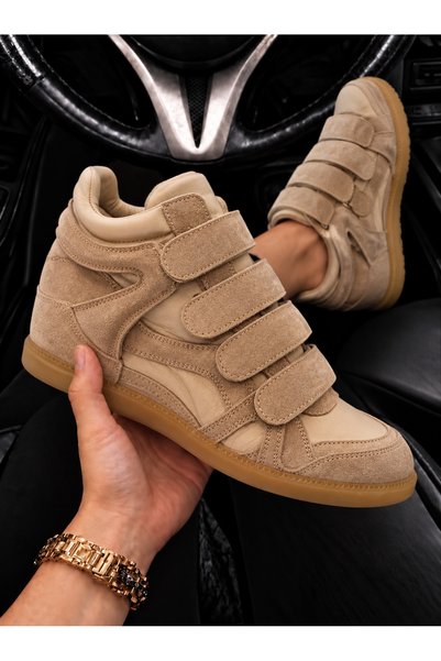 LitaLife Hakiki Deri Gizli Ökçe Süet 4 Bantlı Kadın Sneakers Bot Ayakkabı