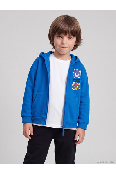 LC Waikiki Lcw Kids Blue 3-Thread Printed Loose & Oversized Zippered Sweatshi...