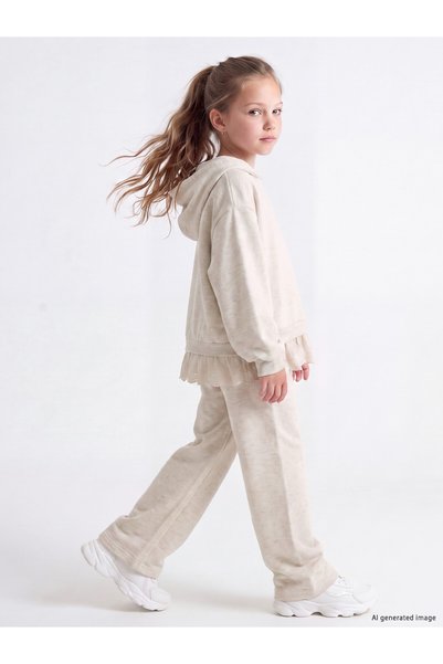 LC Waikiki Lcw Kids Beige Hooded Ruffled Girls' Tracksuit Set, Featuring Neva...