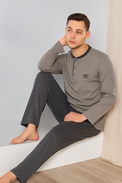 nacar çarşı Men's Dad Long Sleeve Button down Gray Cotton Comfortable Pajamas...
