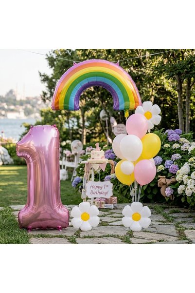 Öztürkpartievi 1St Birthday Rainbow Daisy Balloon Decoration Set with Number ...