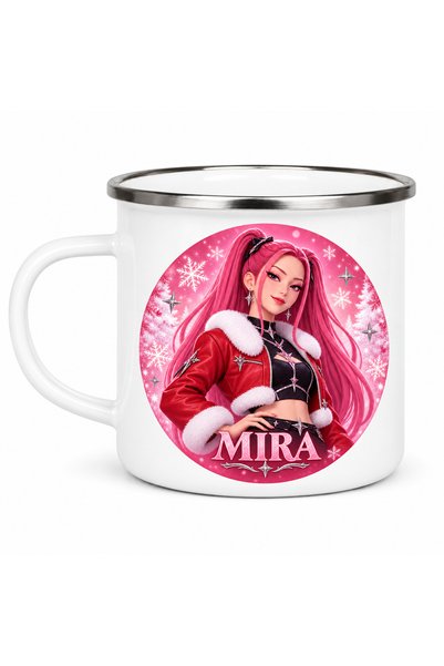 OEM Емайлирана чаша KPop Demon Hunters, Mira, зимно розово, бяла, с бордюр от...