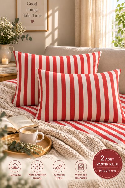 Cottessia Home Crveni prugasti set jastučnica od 2 komada, 50x70 cm, pamuk.
