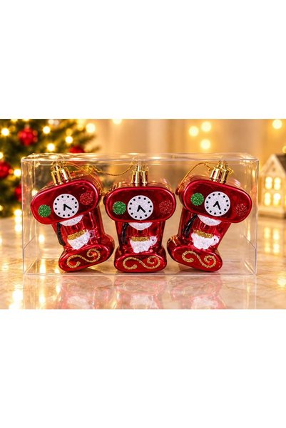 Papshediyelik Red Christmas Tree Ornaments with New Year's Clock Motifs, Set ...