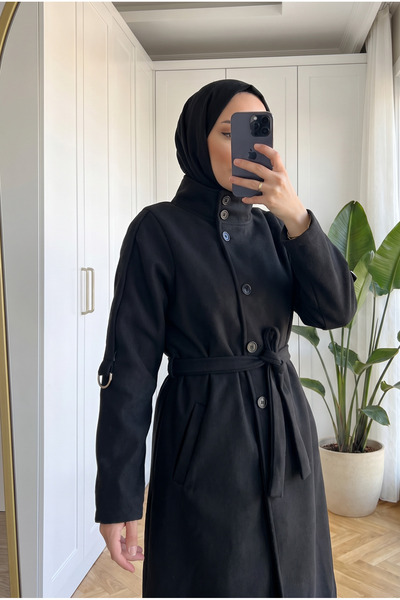 Kirazca Butik Women's Long Cashmere Coat with Stand-Up Collar, Buttoned Waist...
